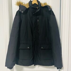 Men's Black Puffer Jacket with Faux Fur Hood